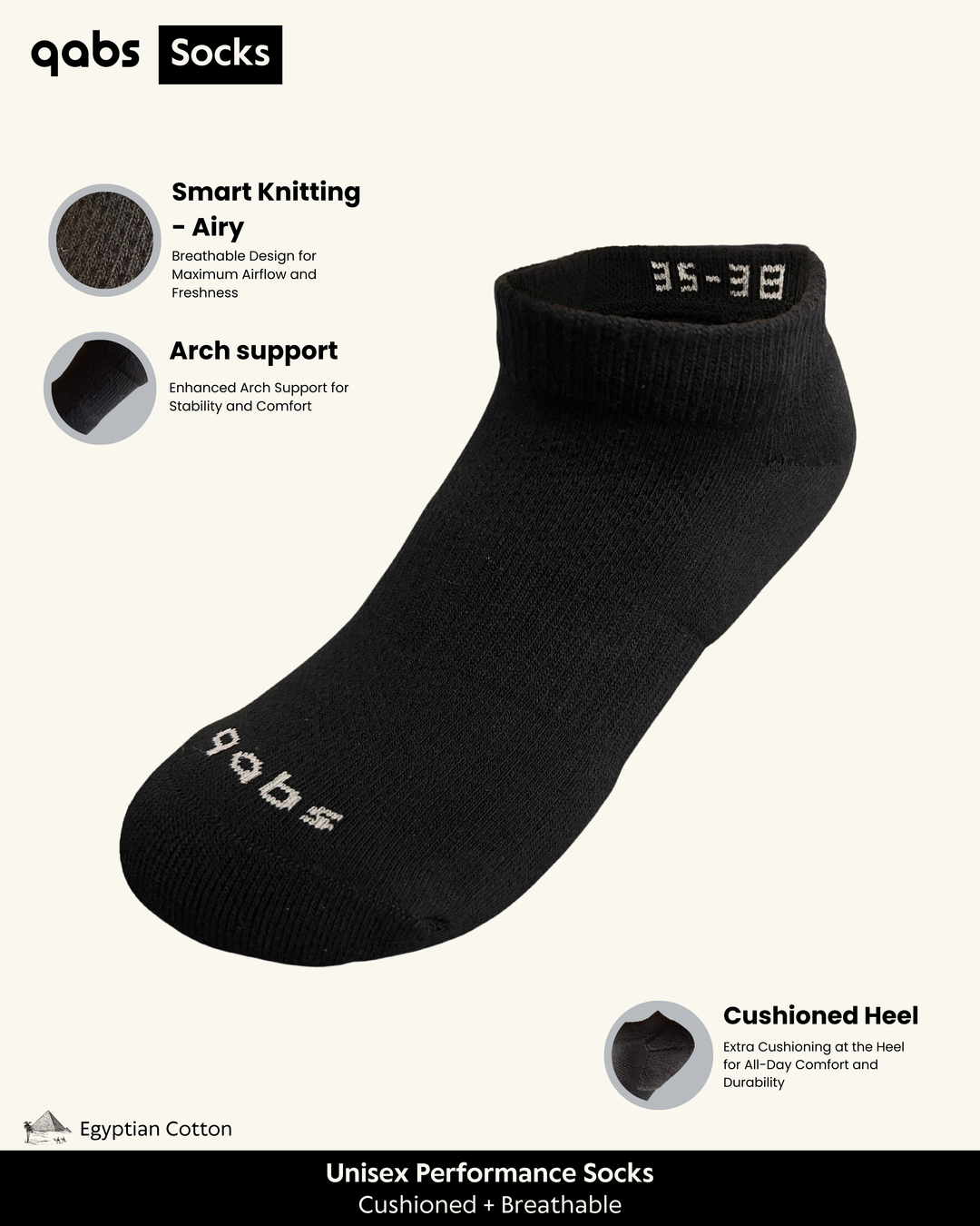 3 Pairs - Unisex Performance Sock (Black)